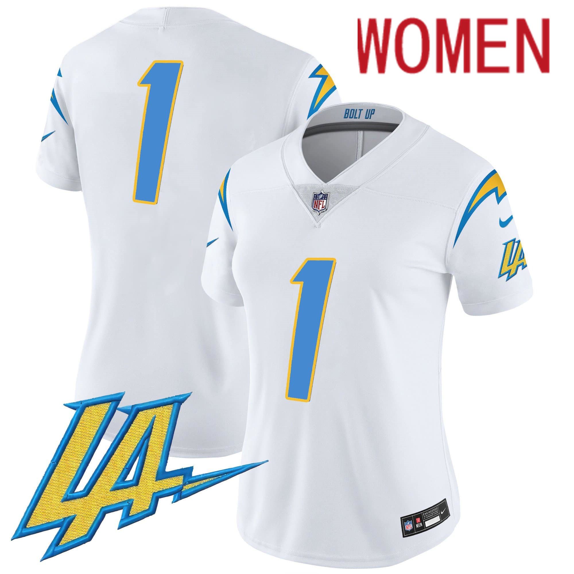 Women Los Angeles Chargers 1 No Name White 2024 Nike Vapor Limited NFL Jersey